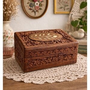 Vintage Traditional Carved Walnut Inlaid Cigar Trinket Box India Boho Wooden 6x3